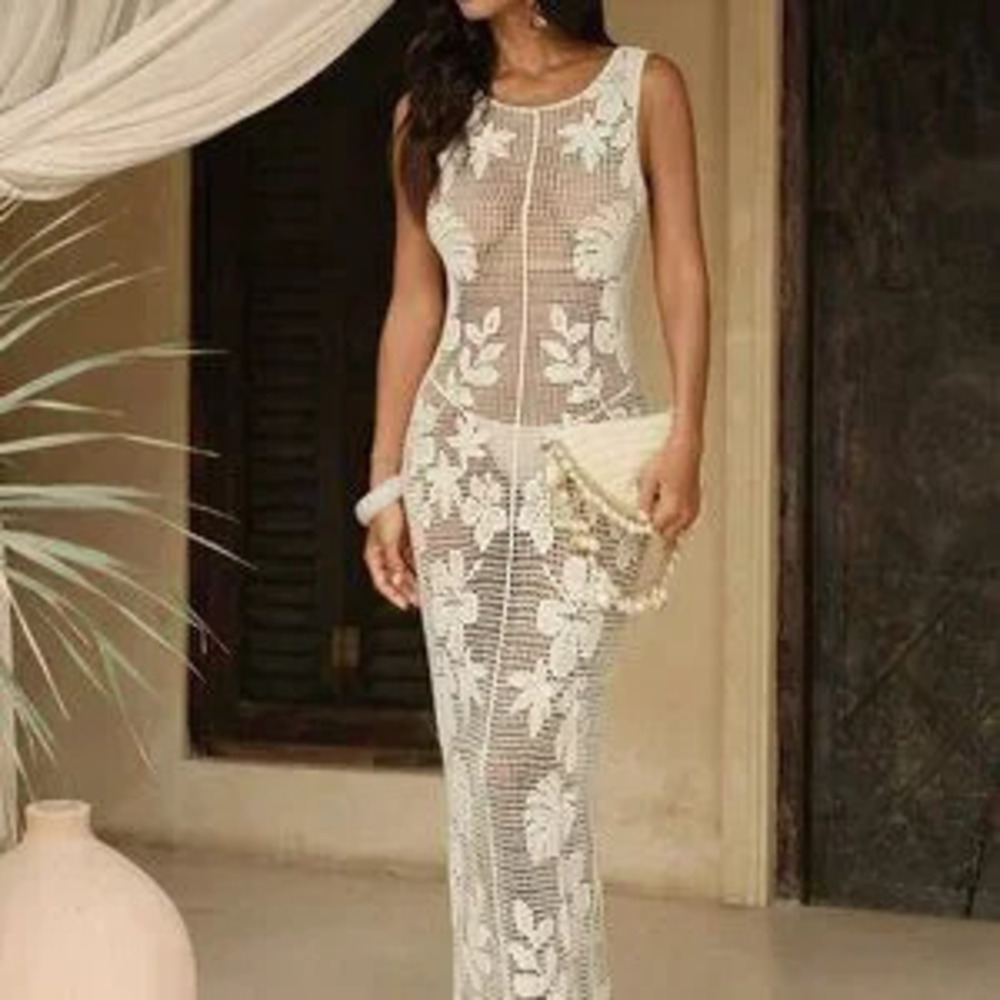 Apricot Women's Hollow Out V-Neck Sleeveless Crochet Knit Beach Cover Up Dress